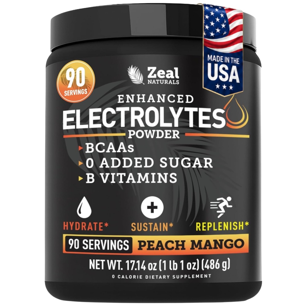Zeal Naturals Electrolyte Toz Kurtarma İçgörü (90 Hizmetler | Peach Mango) w 0 Sugar +BCAAs +B-Vitamins Electrolyte Supplement w Pids çinko & Magnezyum for Hydration - Keto Electrolytes