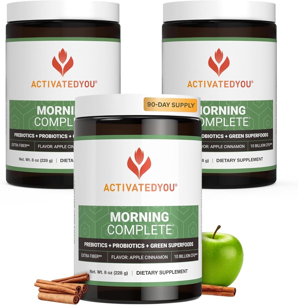 ACTIVATEDYOU Morning Complete Daily Wellness Greens Superfood Drink Mix for Gut Health w/Prebiotics, Probiotics, Antioxidants, Green Superfoods, 10 Billion CFUs (3 Pack, Apple Cinnamon)