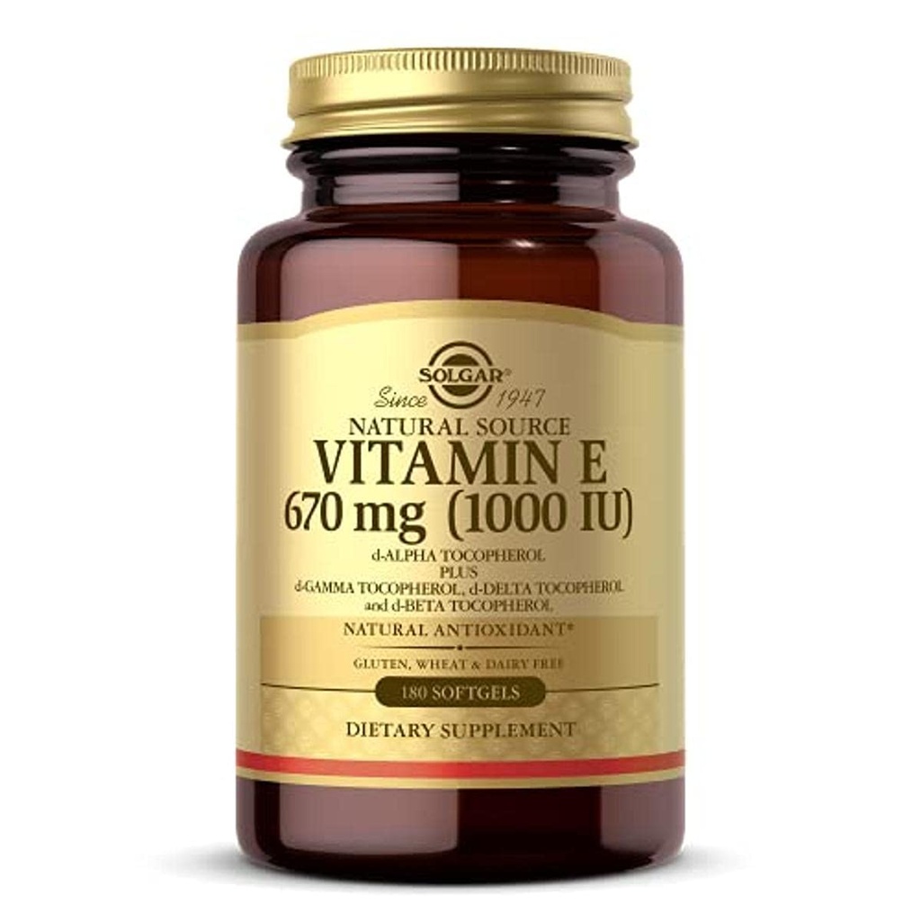 Solgar Vitamin E 670 mg (1000 IU), 180 Softgels - Doğal Antioksi, Skin & Immune System Support - Doğal Kaynaklanan Vitamin E - Gluten Free, Dairy Free - 180 Servisler