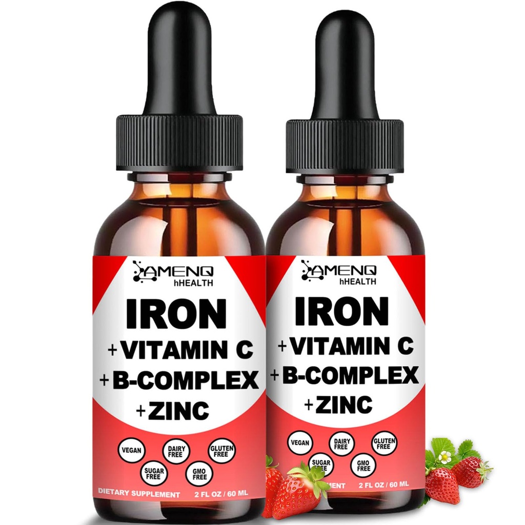 2 Pack Liquid Iron Supplement w/ Vitamin C, A, B-Complex, Vegan Iron Drops Kadınlar, Erkekler ve Çocuklar için Yüksek Potency Sıvı Vitamin & Demir Supplements - Red Blood Hücre, Enerji, Anemi & Fatigue