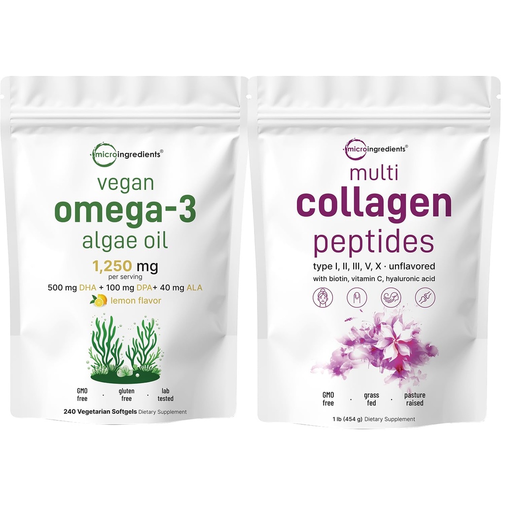 Mikro Malzemeler Multi Collagen Protein Toz 16oz & Vegan Omega 3 Algae Oil Supplement Sche 2 Pack | Grass-Fed Collagen Peptides | Omega-3 Full Spectrum Alternative to Fish Oil Oil