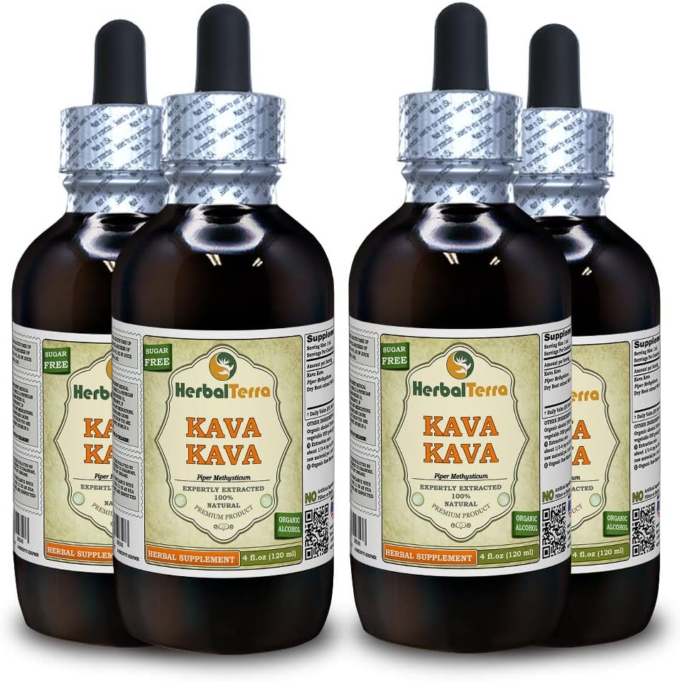 Kava Kava (Piper Methysticum) Tincture, Dried Root Liquid Extract (Brand Name: HerbalTerra, Proudly Made in USA) 4x4 fl.oz (4x120 ml)