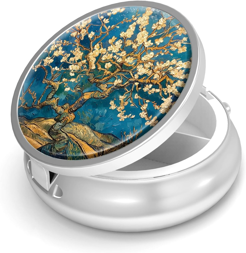 Pill Box-3 Karşılaştırma Küçük Pill Case for Purse & Pocket Mini Metal Pill Holder Travel Pill Container to Hold Supplements Antivirus-Free (Almond Blossom-Van Gogh)