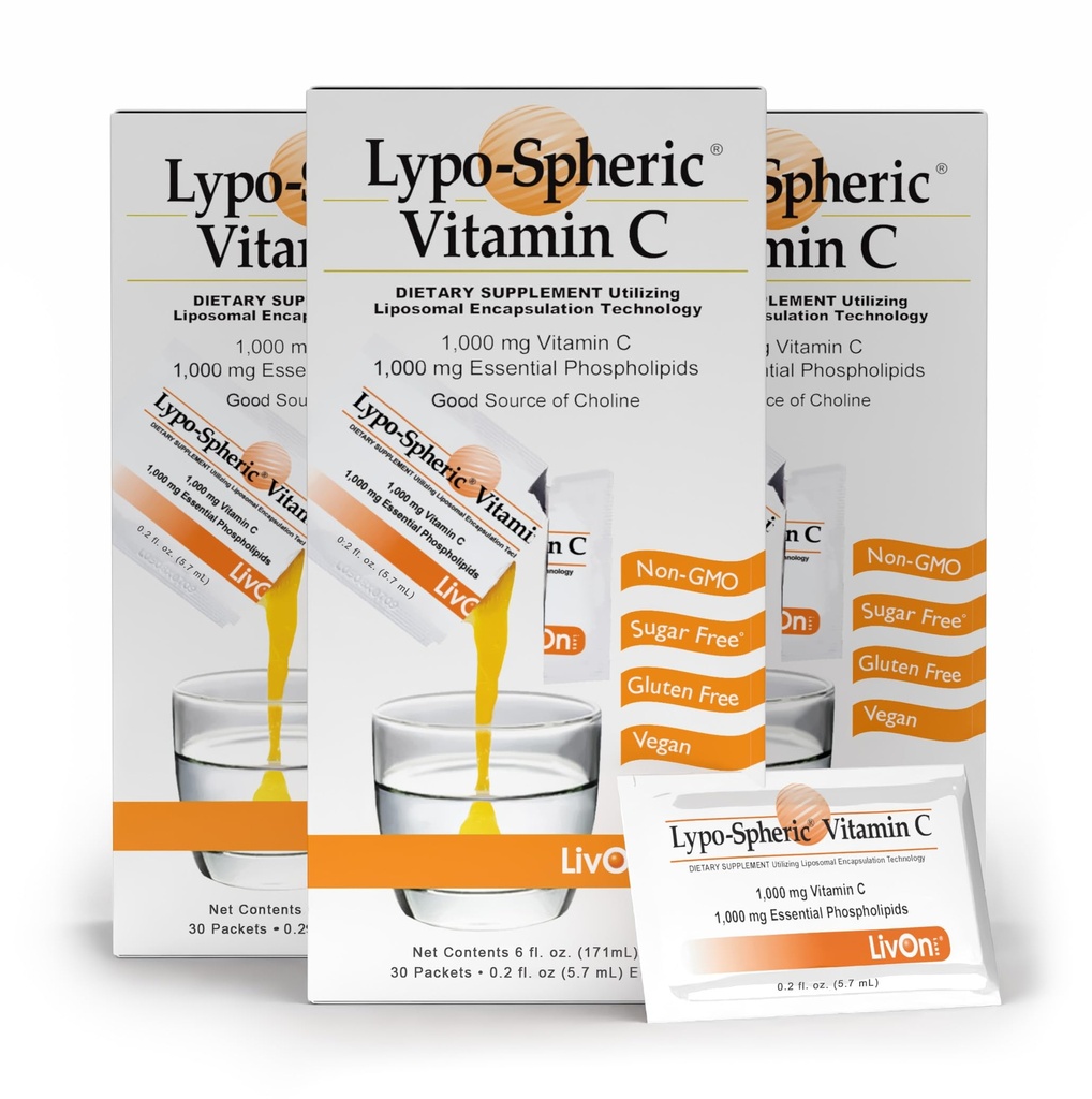 LivOn Laboratories Lypo-Spheric Vitamin C - 3 Aynalar (90 Paketler) – 1.000 mg C & 1000 mg Essential Phospholipids Per Packet – Liposome Encapsated for I improve Abors – 100% Non-GMO