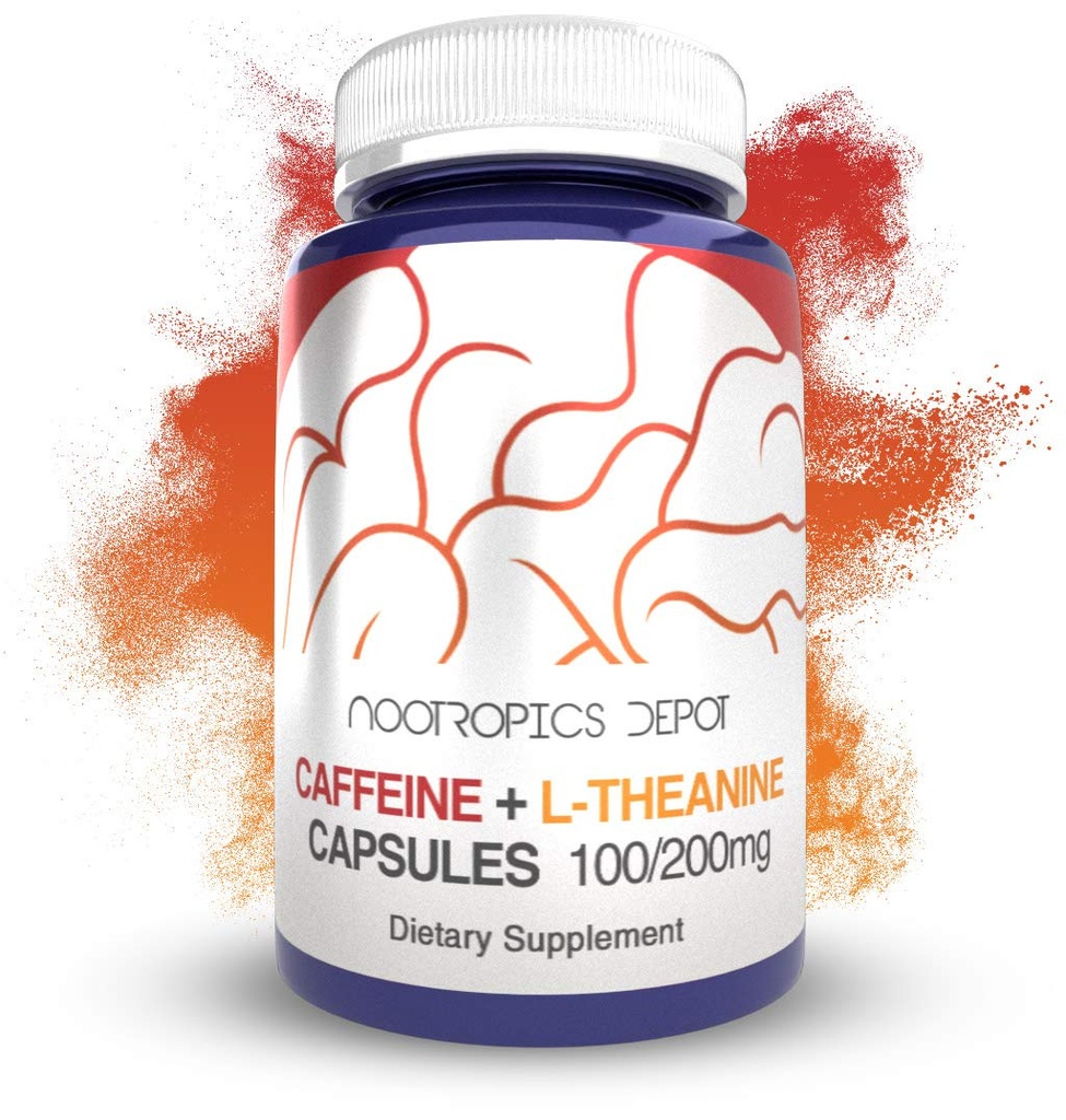Nootropics Depot Caffeine L-Theanine Capsules | 180 Pills | Contains 100 mg of Caffeine and 200 mg of L-Theanine | Brain Alert | Energy Supplement | mental Focus + Alertness |