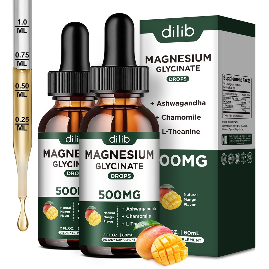 Magnesium Glycinate Liquid Drops Supplement, with Magnesium Glycinate 500mg Ashwagandha, L - Theanine, Chamomile -Support Stress Relief, Bone, Muscle, Mood Mango Flavor 2Pack