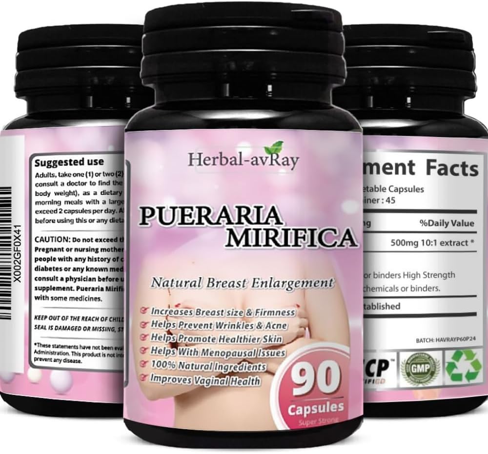 Pueraria Mirifica Capsules - Doğal Kadın için Pilleri - Em Enlargement Pills - Meme Büyüme, Vaginal Health, Menopause Relief, Skin & Hair Health - 90 Vegan Capsules