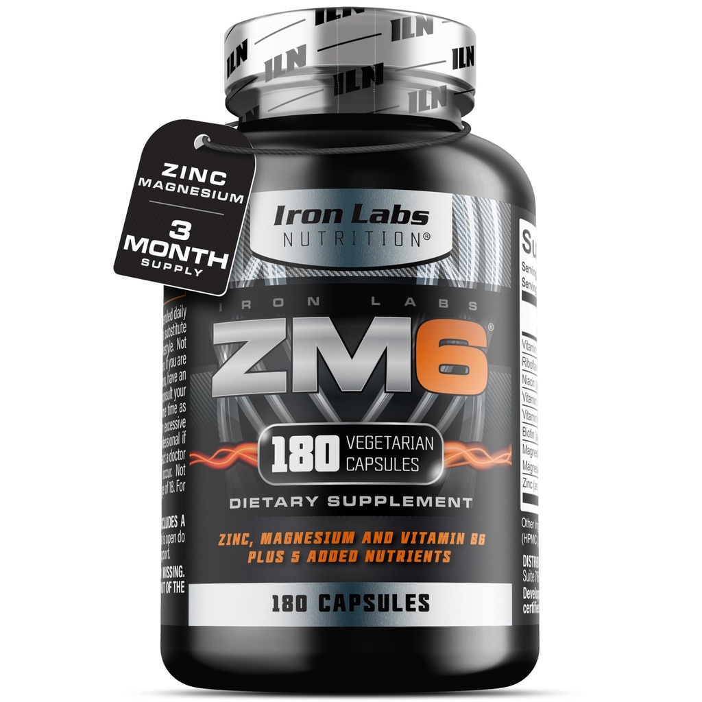 Iron Labs ZM6 - High Strength Zinc and Magnesium Supplement - 180 Vegetarian Capsules (3 Month Supply) - Super Enhanced Zinc Magnesium Aspartate and B6 Complex