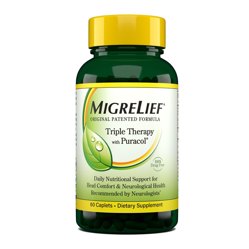 MigreLief Original Triple Therapy with Puracol - Migraine Sufferers için Beslenme Desteği - 60 Caplets/1 ay Supply
