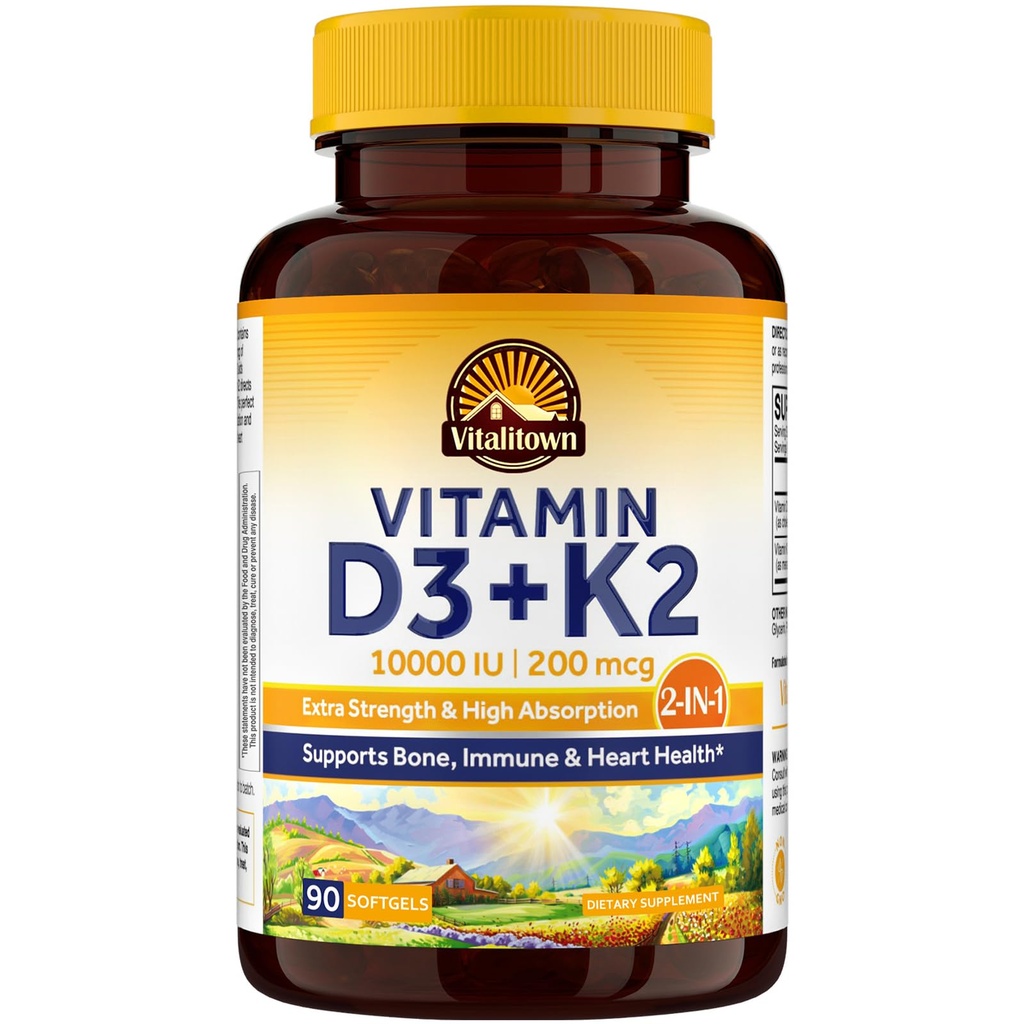 Vitalitown Vitamin D3 K2 Supplement, Vitamin D3 10000 IU Vitamin K2 (MK7) 200 mcg, 90 Softgels, Non-GMO, No Gluten & Soy, for Bone, Teeth, Immune & Heart Health
