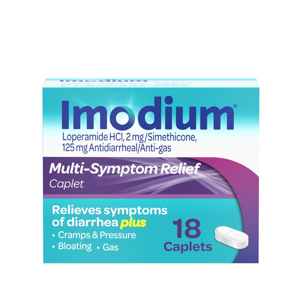 Imodium Multi-Symptom Relief Caplets, Loperamid Hydrochloride & Simethicone Anti-Diarrheal Medicine for the Relief of Diarrhea, Gas, Bloating, Cramps & Basınç, HSA / FSA Eable, 18 ct