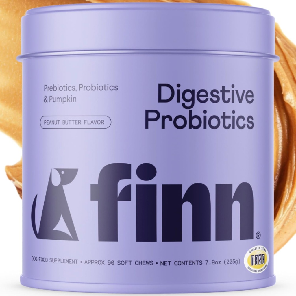 Finn Digestive Probiotics for Dogs - Complete Digestive System Support with Pumpkin, Prebiotics, & Live Probiotics - Vet Recommended & Made in The USA - 90 Soft Chews (Peanut Butter)