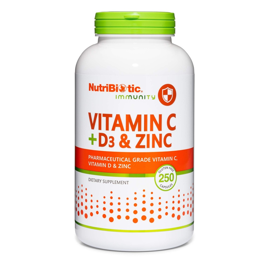 NutriBiotic Vitamin C + Vitamin D3 & çinko, 250 Capsules | Potent, C Kapsamlı Immune Support | Essential & Antioxy Daily Supplement | Gluten & GMO Free