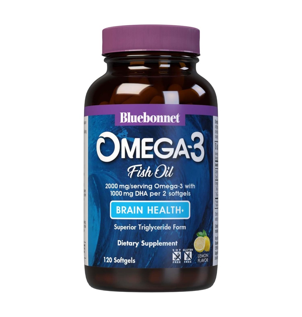 BlueBonnet Beslenme Omega-3 Beyin Doğal Wild Caught Triglyceride Form DHA 1000 mg EPA 210 mg, Yüksek Lisanslı Bilişsel Sağlık ve Sağlık Desteği Tamam, Gluten-Free Softgel, Sarı /Clear, Limon, 120 Kont