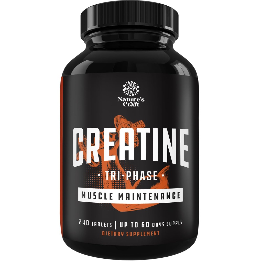 Natures Craft High Strength Tri Phase Kretine Tabletleri Kadınlar ve Erkekler için - Formula Coolt Kreta Monohidrat, 300 mg HCL & Pyruvate Supplement - Kas Mass Win & Recovery Supplement - 240 Tabletler