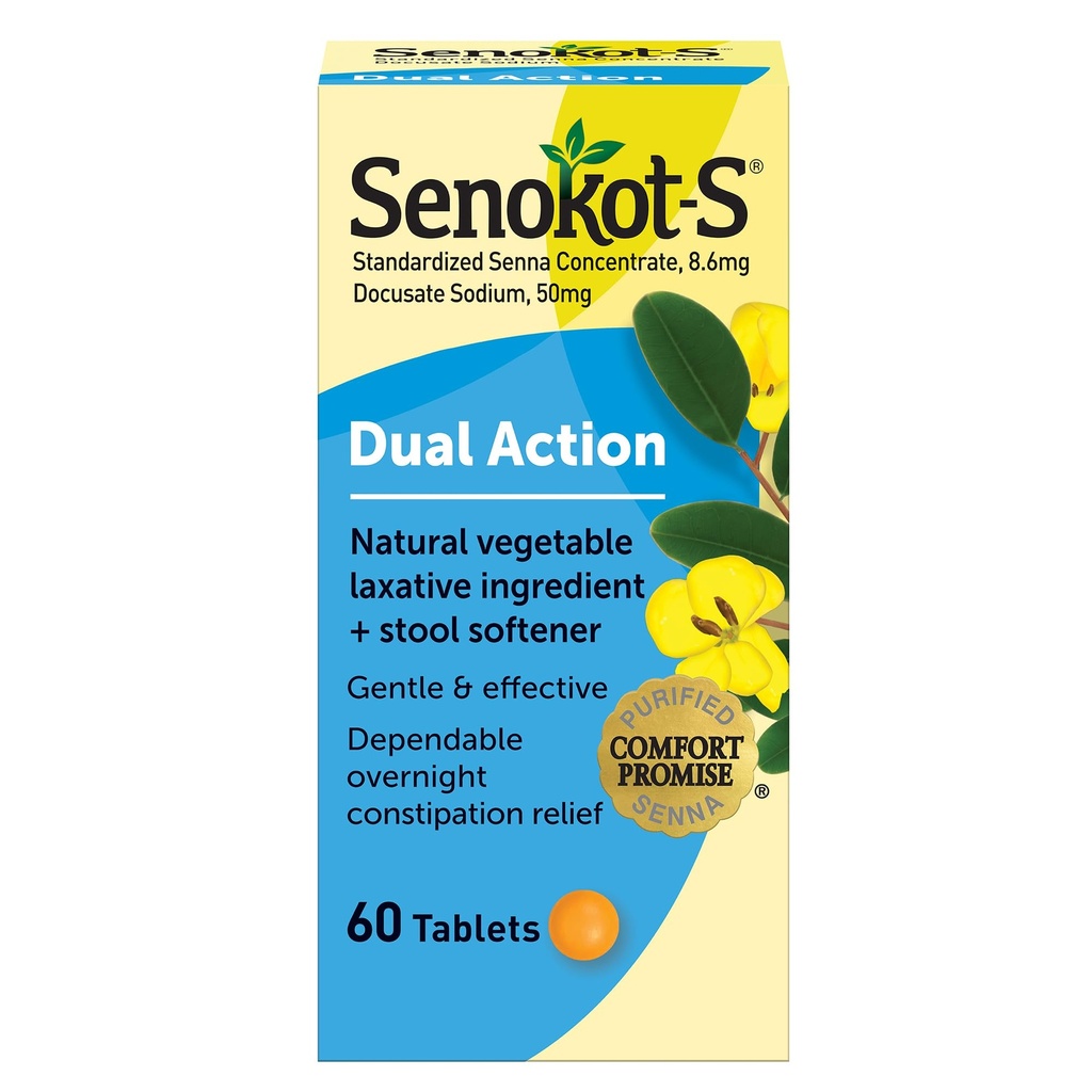 Senokot-S Dual Action 60 Tablet, Doğal Sebze Laxative Materials Plus Stool Softener Tabletleri, Occasional Constipation Relief Of Occasional Constipation Relief Of Occasional Constipation Beyaz Beyaz Beyaz
