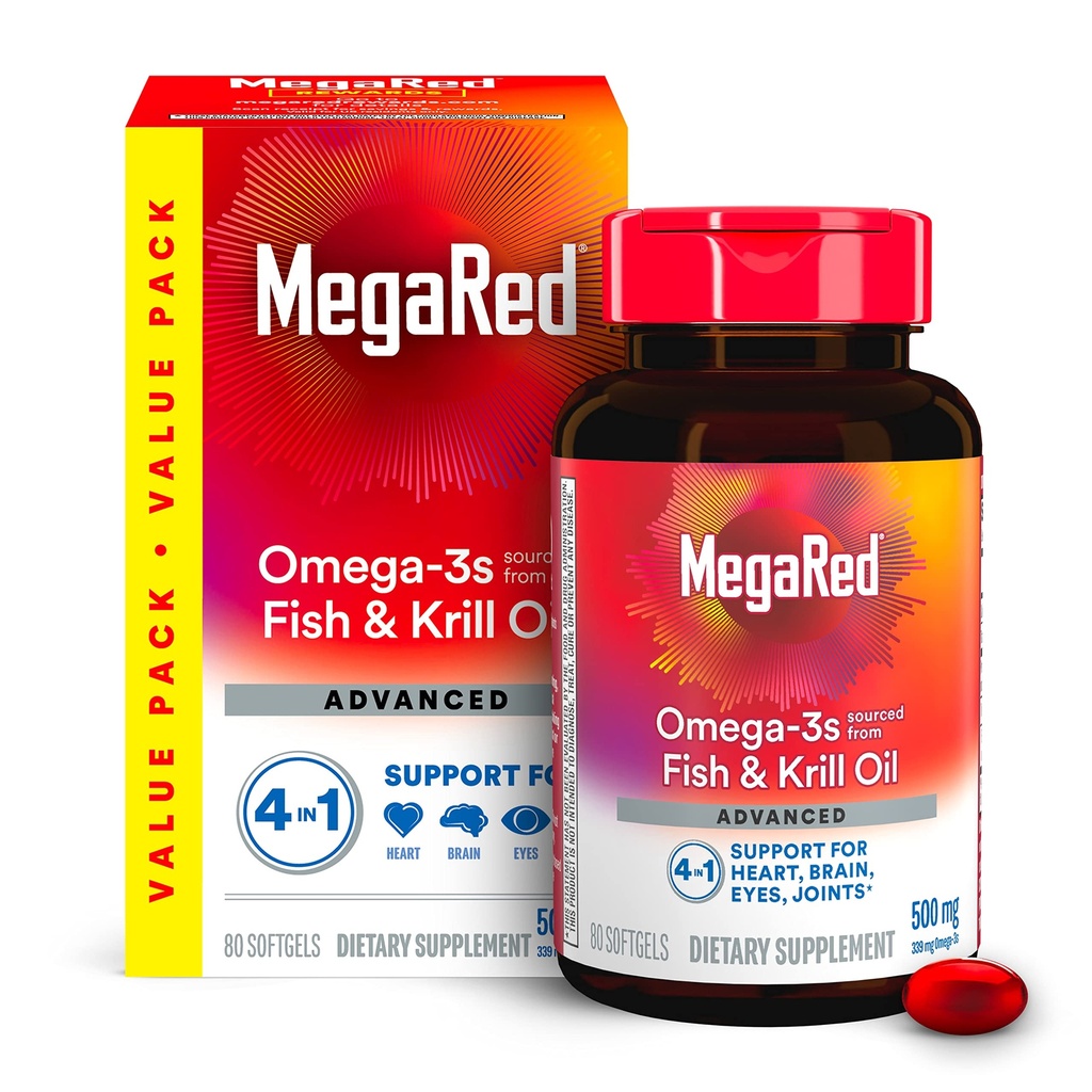 Megared Omega-3 Fish Oil + High Abxia Krill Oil 500 mg Softgels, Mega Red Advanced 4in1 (80 bir şişede sayı) Yoğun Omega-3 Fish & Krill Oil Supplementd Omega-3 Fish & Krill Oil Supplement