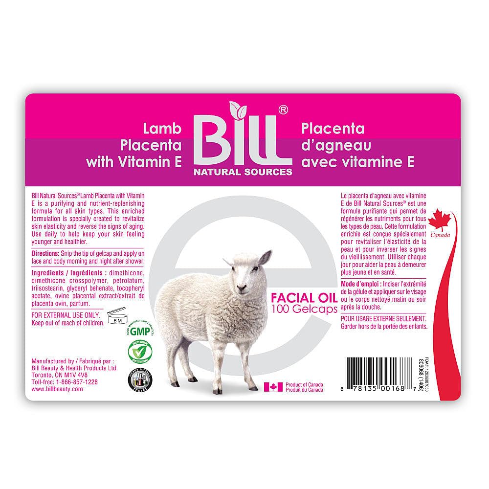 Bill Natural Sources Lamb Placenta with Vitamin E, 100 Gelcaps - yenilenmiş cilt hücreleri ve revitalizes deri hücreleri elastiklik