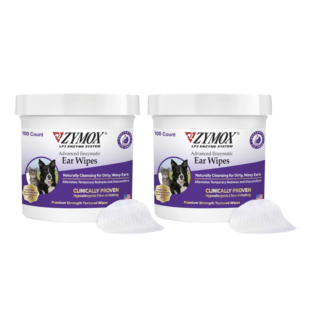 Zymox Advanced Enzymatic Ear Wipes for Dogs and Cats - for Dirty, Waxy, Koky Ears - Premium Strength Ear temizleyici Wipes - Non-Irritating - hipoallergenic (100 Count-Pack of 2)