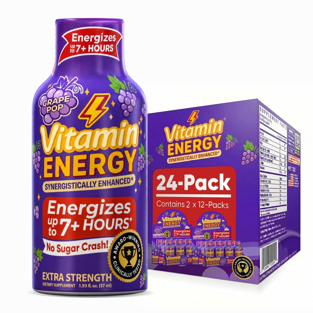 Enerji Focus+ Ekstra Güçlü Enerji Shot Grape 24 Paketi, 260 mg Natural Caffeine, B-Vitamins, CoQ10, Amino Asits, Focus, Verimlilik & Clarity, Zero Sugar, Gluten-Free, 1.93 fl oz