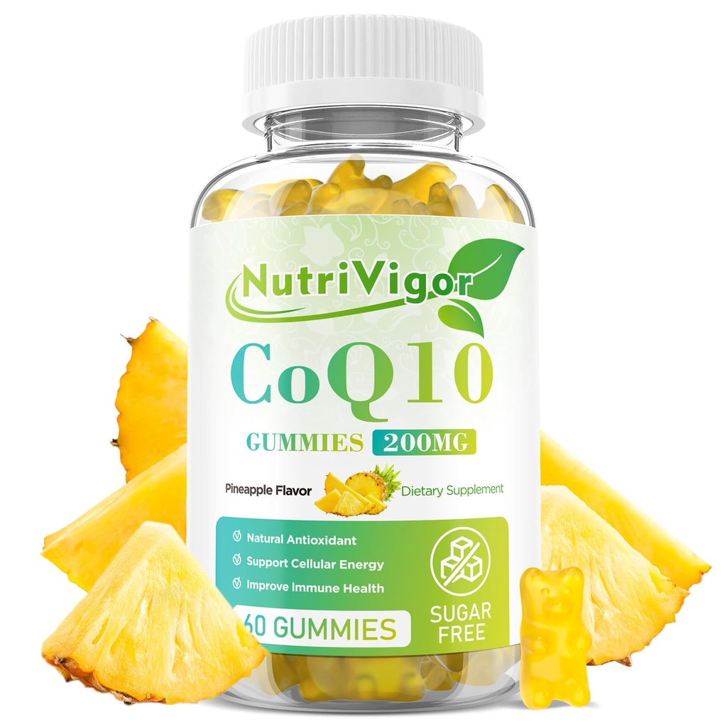 CoQ10 Gummies, Coenzyme Q10 Supplement 200 mg, High Abors CoQ10 Supplement for Cellular Energy and Immune Health, Vegan, Gluten Free, Pineapple Flavor, 60 Kont