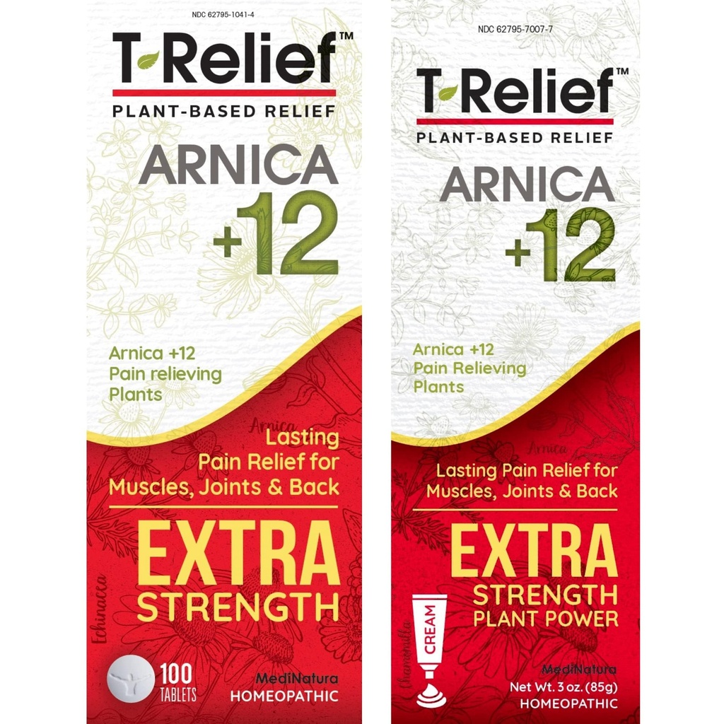 MediNatura T-Relief Extra Strength Pain Relief Arnica +12 Plant-Based Pain Relievers 100ct Tablet T-Relief Ekstra Güçlü Ağrı 3oz Krem Paket