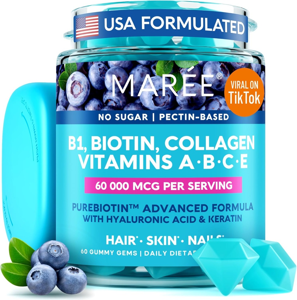 MAREE Vitamin B1 Thiamin & B7 Biotin Gummies - Keratin, Collagen, Hyaluronic & Pantothenic Acid for Skin, Nails & Hair