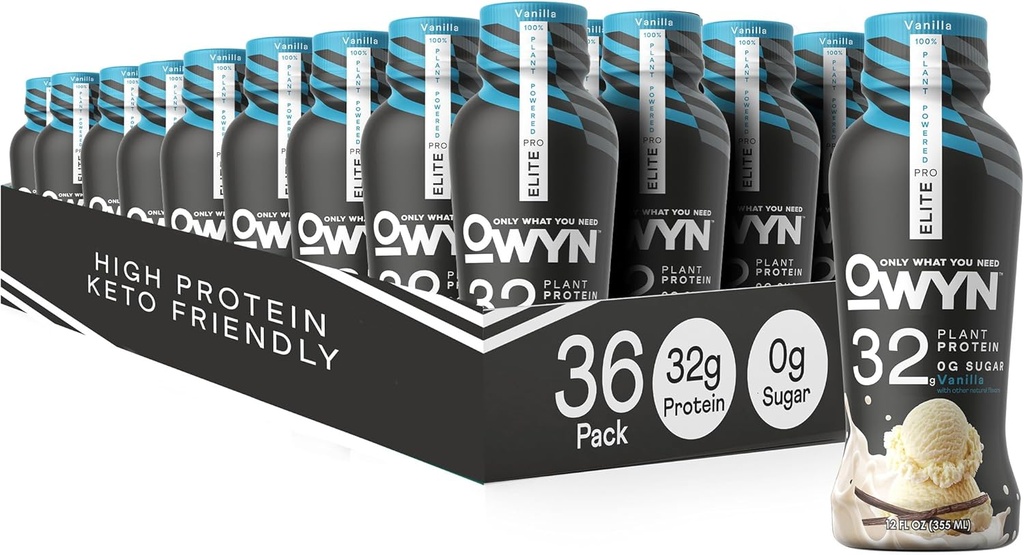 OWYN Only What You Need Pro Elite Vegan High Protein Keto Shake, 32g Protein, 9 Amino Acids, Omega-3, Prebiotics, Workout and Recovery, 0g Net Carbs, Zero Sugar (Vanilla, 12 Fl Oz (Pack of 36)