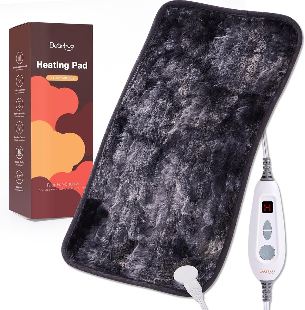 Bearhug Electric Heating Pad 12''x24'' Double-Sided Faux Fur Heated Pad, 6 Heat Levels, 2H Auto-Off, Moist & Dry Heat Therapy for Back Pain Relief, Machine Washable, ETL Certified - Gift Box