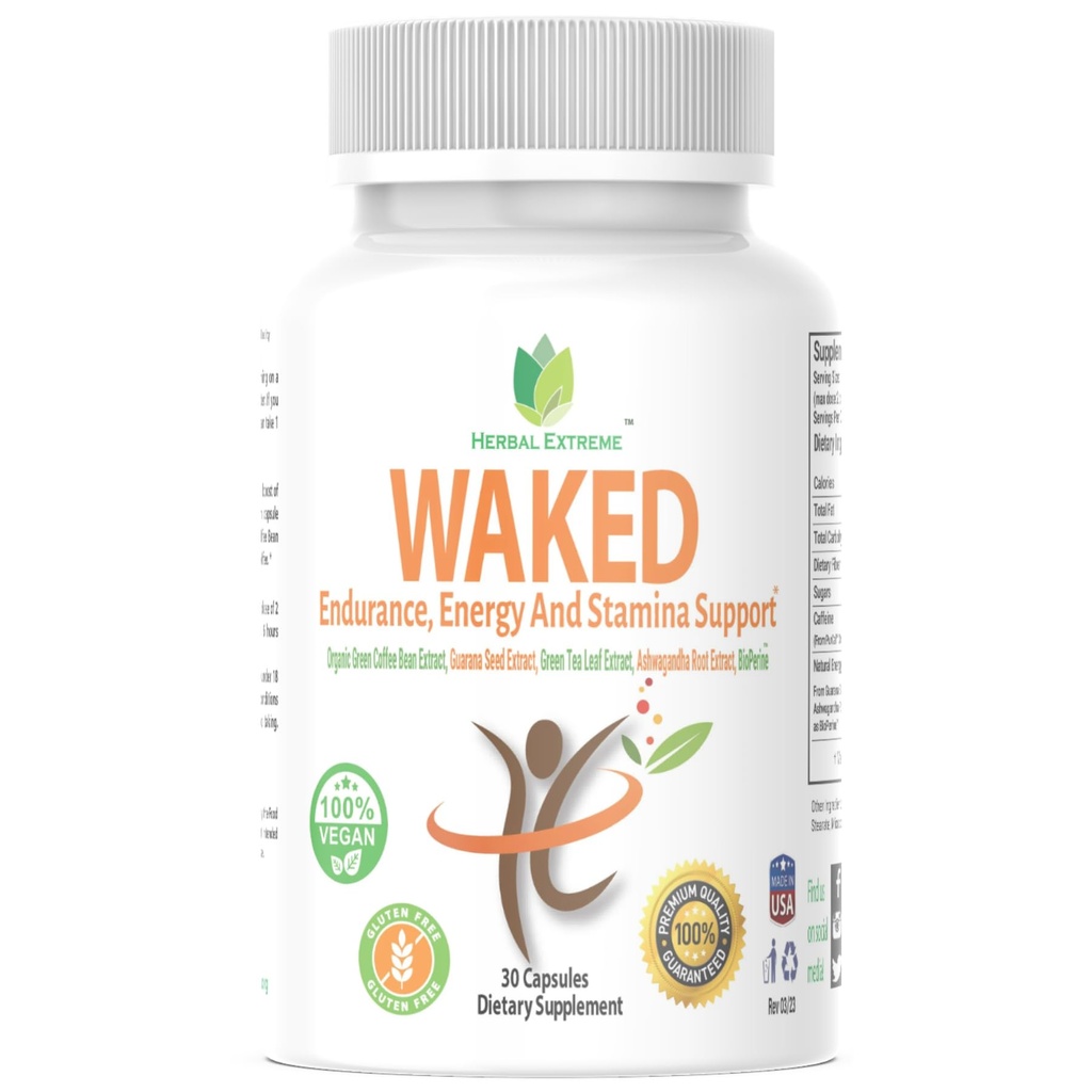 Waked Endurance, Energy And Stamina Support 30 Capsules Organic Green Coffee Bean Extract, Guarana Tohum alıntı, Green Tea Leaf Extract, Ashwagandha Root, and Black Pepper Extract as BioPerine