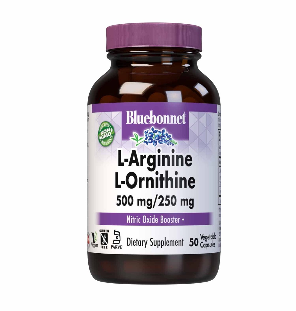 Bluebonnet Beslenme L-Arginine 500 mg/L-Orinithine 250mg, Destekler Protein Metabolism*, Soy-Free, Gluten-Free, Non-GMO, Kosher sertifikalı, Vegan, 50 Sebze Kapsülleri, 50 Hizmet
