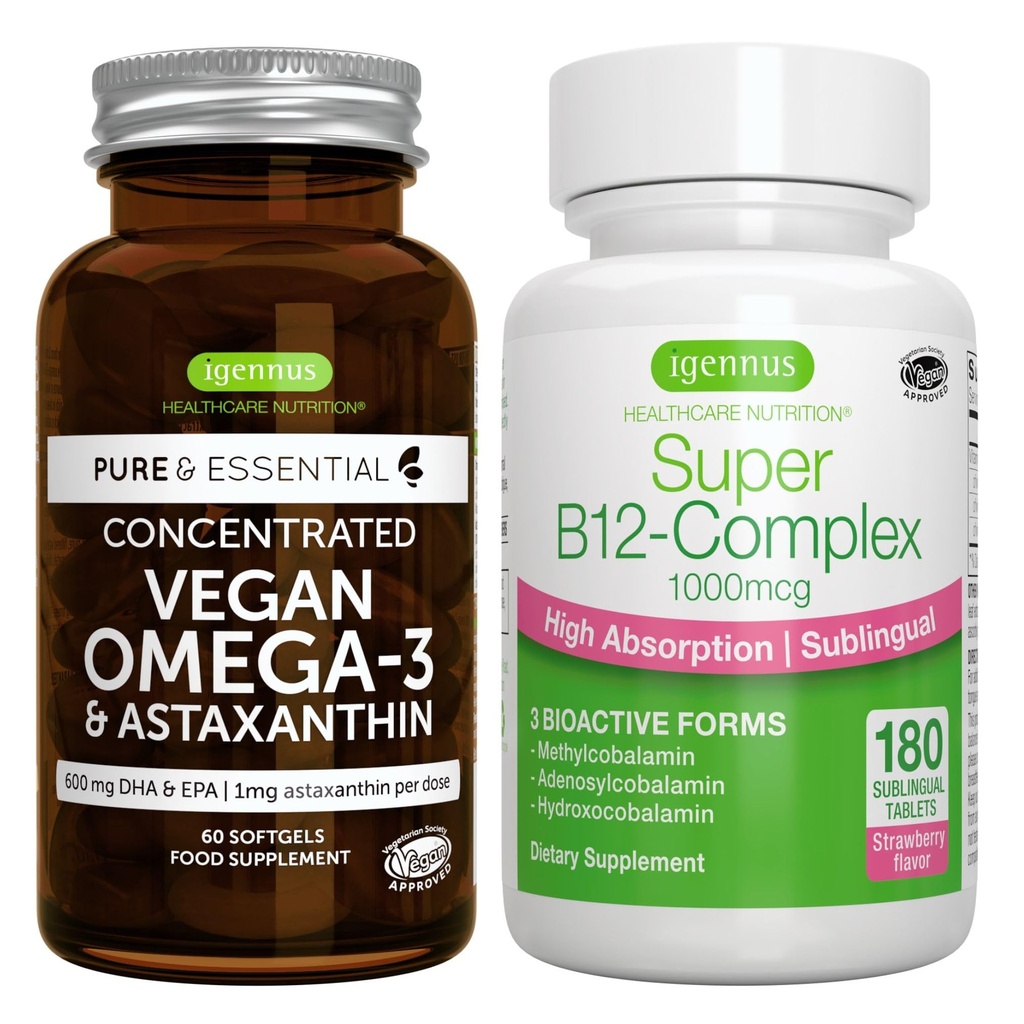 Vegan Omega-3 + Super B12-Complex 1000 Live Vegan Sche, Sustainable EPA & DHA Algae Oil 1340 mg + High Abxia Sublingual Vitamin B12 With Metilcobalamin, Adenosylcobalamin & Hydroxocobalamin, by I