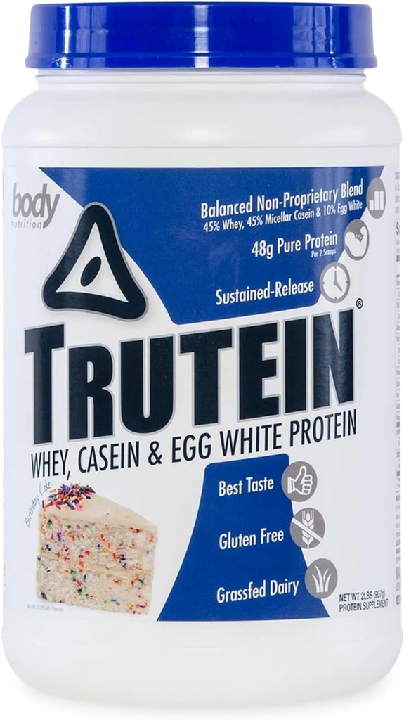 Body Nutrition Trutein High Protein Powder: 45% Whey, 45% Casein, 10% Egg White Protein Shake Mix, Gluten-Free, Low Sodium, Low Carb Protein Supplement Powder for Men & Women, Birthday Cake, 2lb