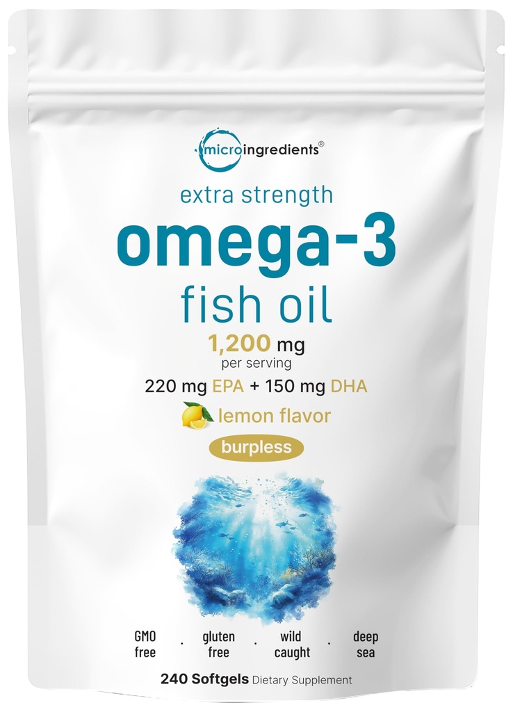 Mikro Malzemeler Ekstra Kuvvetli Omega 3 Balık Yağ Supplements 1.200 mg Oda başına 240 Softgels | Lemon Flavored | Burpless | Essential Fatty Acids | EPA 220 mg + DHA 150mg | Deep Sea Fish Fish