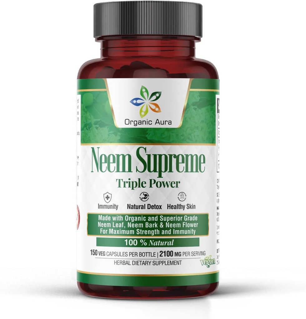 Organik Aura Neem Supreme Capsules. 150 Veg Capsules. Triple Complex - Max Strength Pure High-Potency Azadirachta Indica Capsule. Doğal Antioksi, Skin Health, Abundant Immunity Support.
