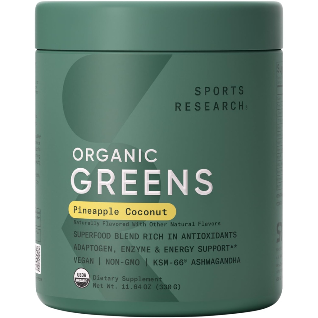 Sports Research® Organic Greens Superfood Powder w/Spirulina, Chlorella, Adaptogens, Enzymes, Probiotics & 8 VIT Bs for Gut & Mood Support* - Vegan, Sugar-Free & Low-Cal Pineapple Coconut 30 Servings