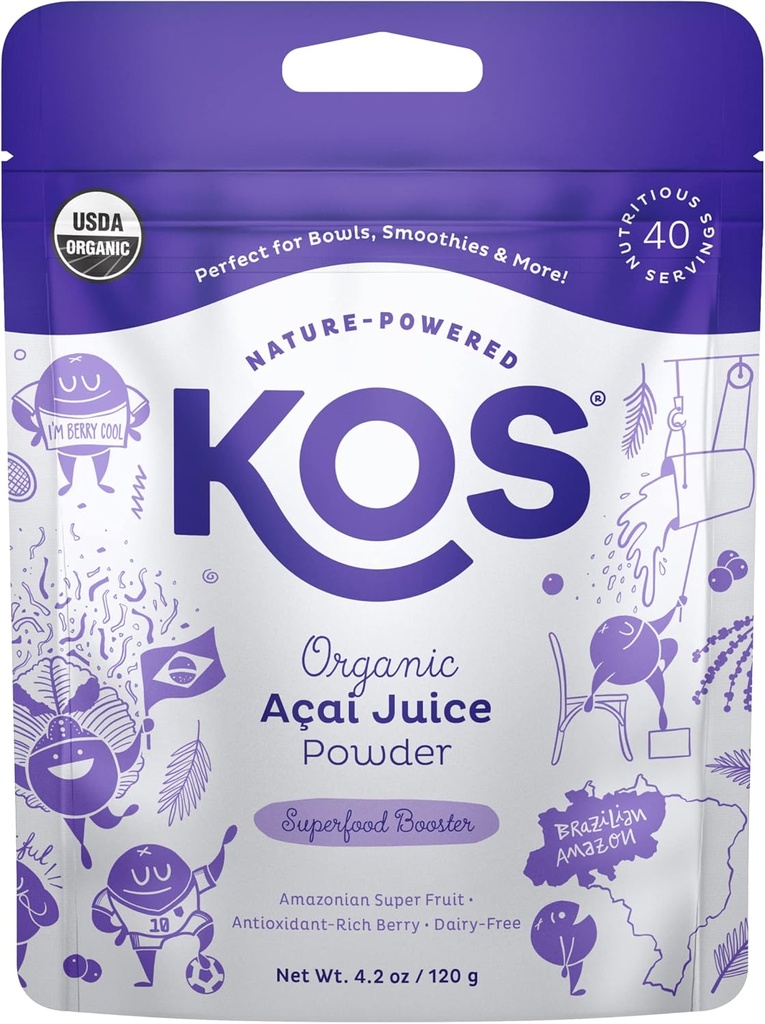 KOS USDA Organik Acai Toz, Unsweetened Superfood - Doğal Antioksitler ve Bowllar için Acai Berry - Polyfent, Gluten-Free, Non-GMO, Climate Friendly resealable Bag, 40 Hizmetler