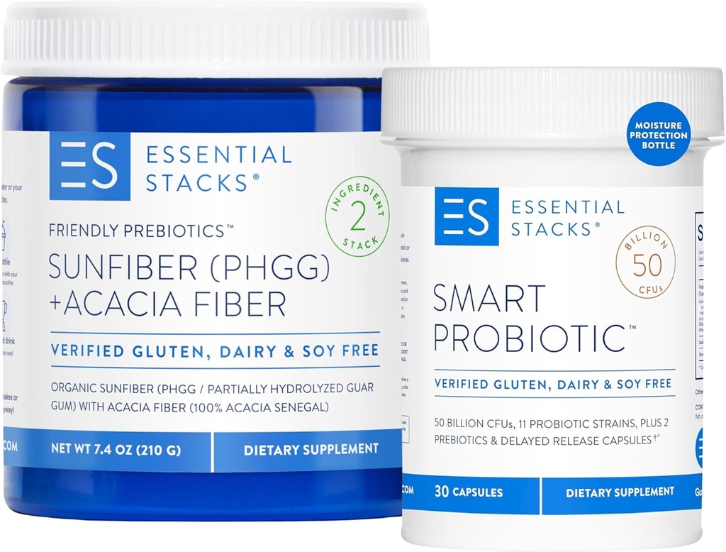 Essential Stacks Fuel Your Gut Bundle: Smart Probiotic (30 ct) + Friendly Prebiotics (7.4 oz)