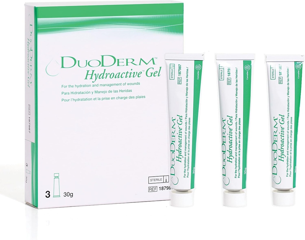 ConvaTec DuoDERM Hydroactive Sterile Gel, 30 Grams Tube for Management of Partial and Full-Thickness Wounds, Aids Autolytic Debridement, 187987, Box of 3 Tubes