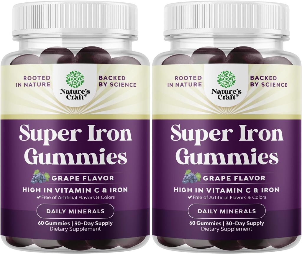 Extra Strength Iron Gummies for Women and Men - Potent 45mg per Serving Chewable Iron Supplement for Women & Men with Vitamin C Higher Absorption - Vegan Daily Gummy Adults (60 Servings)