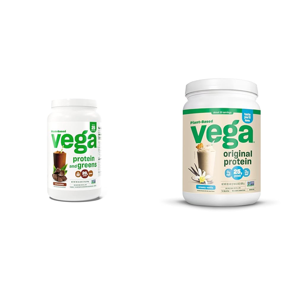 Vega protein ve Yeşiller Protein Toz, Çikolata ve Orijinal Protein Toz, Kremy Vanilla Plant Temel Protein Su, Süt ve Smoothies için Mix, 32.5 oz