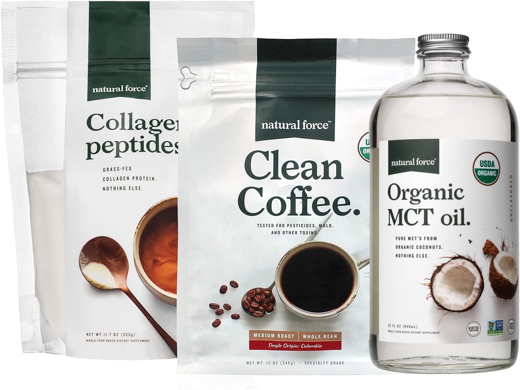 Doğal Kuvvet Organik Temiz Kahve + Collagen, + Organik MCT Oil Sche – Toxin Free Coffee, Grass Fed Collagen, & MCTs - Non-GMO, Keto, & Paleo - 12 Oz, 11.7 Oz, 32 Oz, 32 Oz