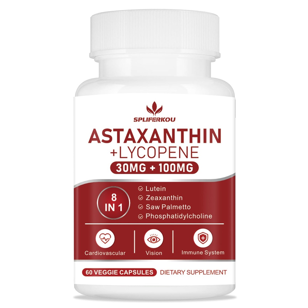 Astaxanthin ve Lycopene 70 mg, Astaxanthin Supplement with Phosphatidylcholine, Lutein ve Zeaxanthin, Güçlü Antioksis Supplement Support for Skin, Eye and Joint Health (60 Capsules)