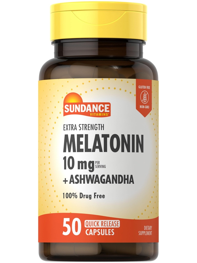 Sundance Melatonin 10 mg with Ashwagandha | 50 Capsules | Ekstra Kuvvet | Non-GMO & Gluten Free Supplement Supplement