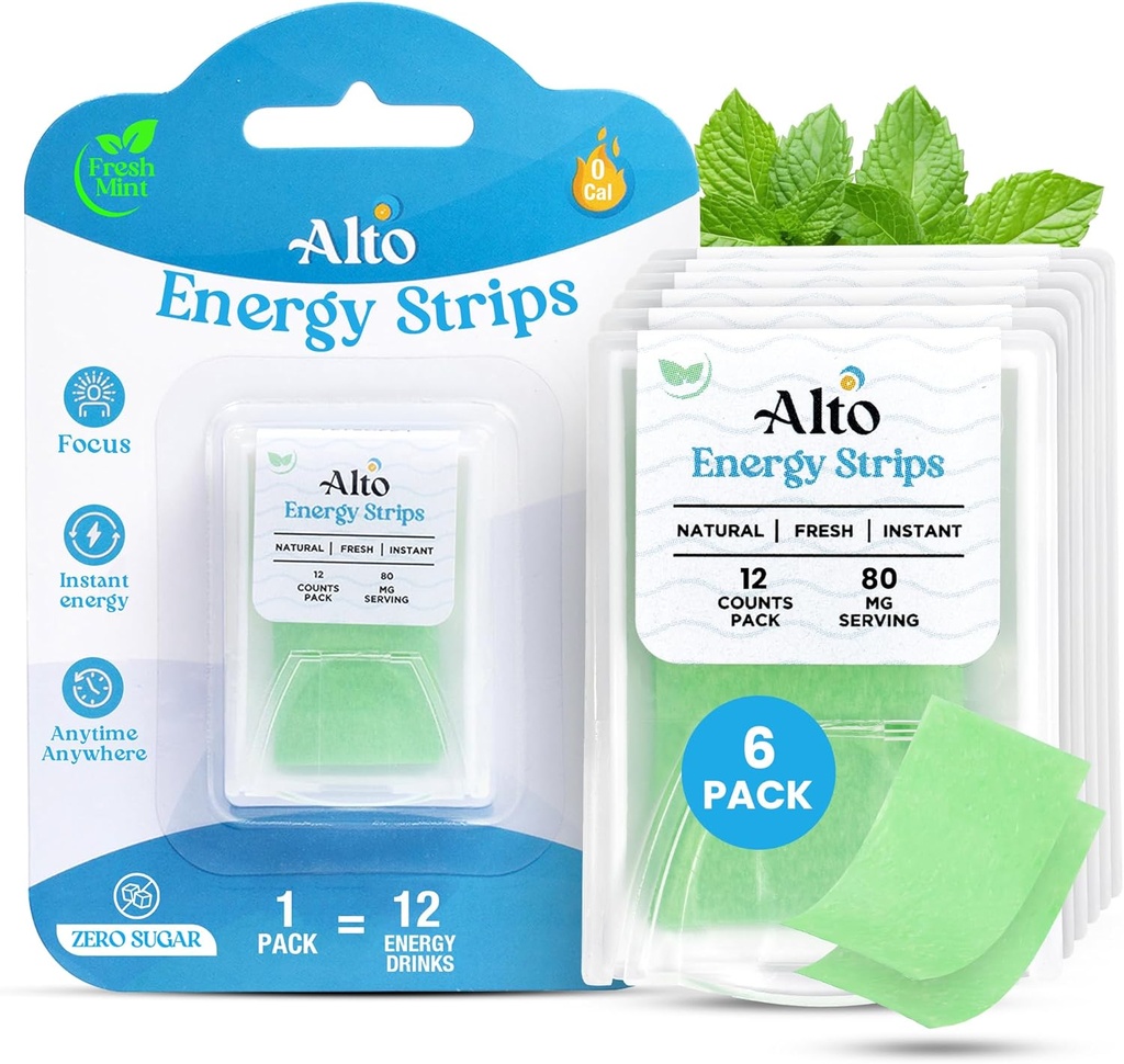 Alto Energy Strips, hizmet başına 80 mg Natural Caffeine ile - 10X Faster Abors | 12 Deliciously Minty Strips , 12 Energy Drinks | Energy and Focus Boost Anytime, Anywhere – 6 Pack