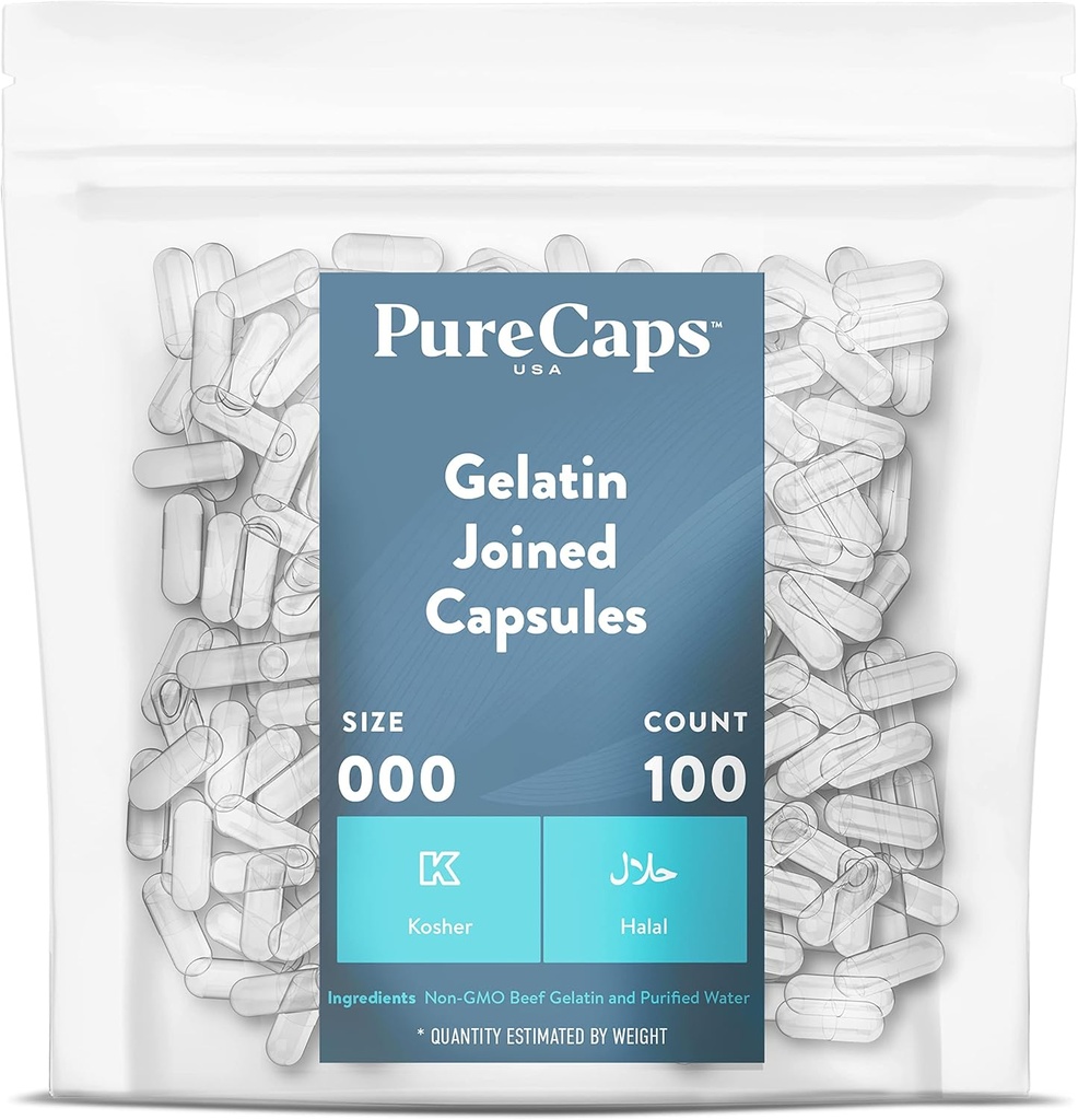 PureCaps USA - Boş Gelatin Pill Capsules Boyut 000 | 100 Katılılmış Pills| Clear| Non-GMO sertifikalı | SLS, Gluten, Preservative Free Free