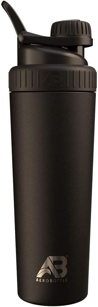 AeroBottle Ağo Shaker Kupası, paslanmaz Steel Water Şişe ve Protein Shaker, Mixes proteini ve Pre Workout With Turbulent Mix Technology, No Mixing Ball veya Wisk, 26oz, Black Ice Ice Ice