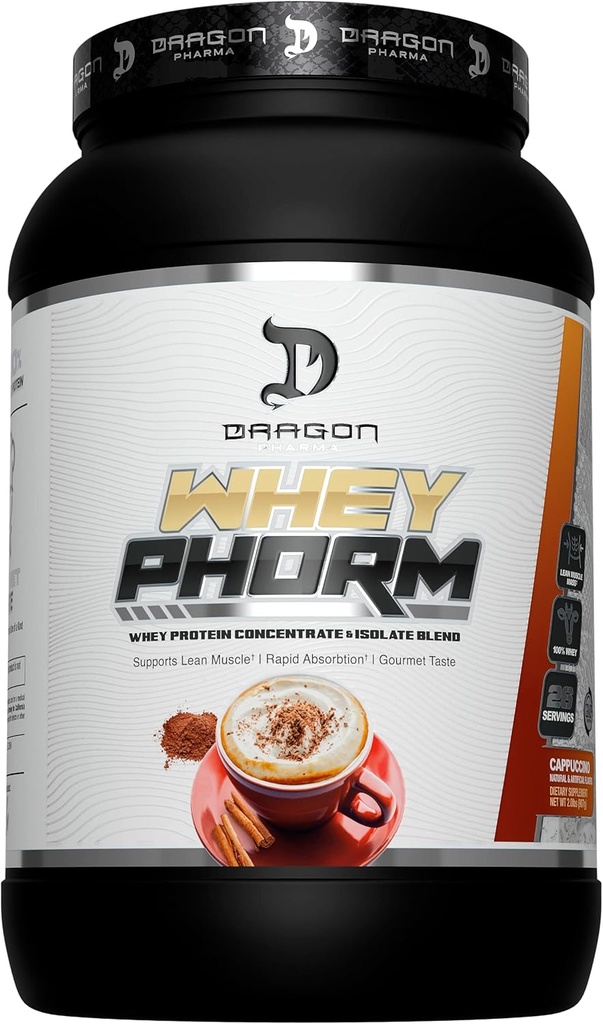 DRAGON PHARMA Whey proteini, Hızlı Aborpsiyon, Gluten Free, 100% Whey proteini, WheyPhorm, Maxising Recovery, Great Tasting, 25 Grams of Protein (26 Servisler, Cappuccino)