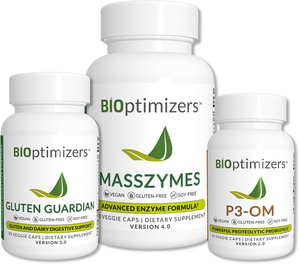 BiOptimizers Gut Health Sche - Probiyotikler ve Prebiyotiklerle Digestive Enzymes - Bloating Relief and Digestive Balance - P3-OM, Gluten Guardian, MassZymes (270 Capsules)