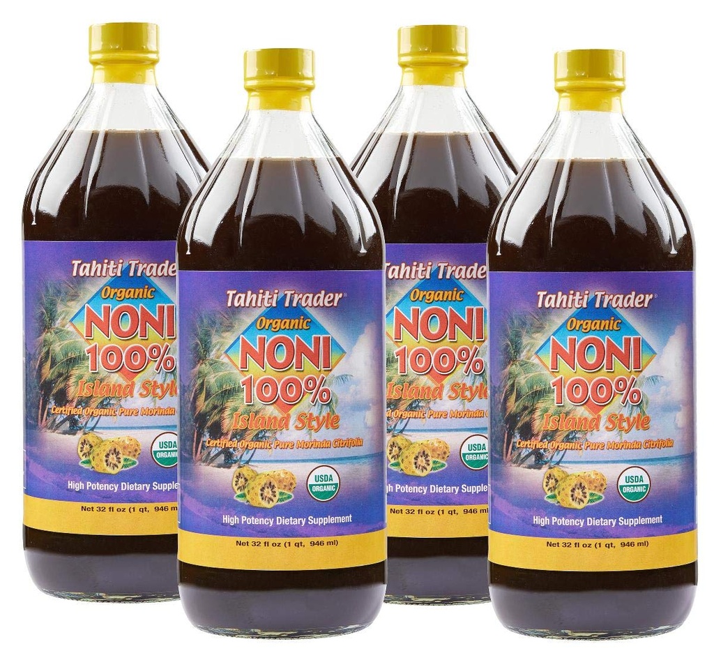 Tahiti Trader Island Style High Potency Noni Juice - Pure Noni Fruit Juice Fermented to Vinegar - Organik Antioksi Superfood Energy & Body Health - (32oz, 4 Pack)